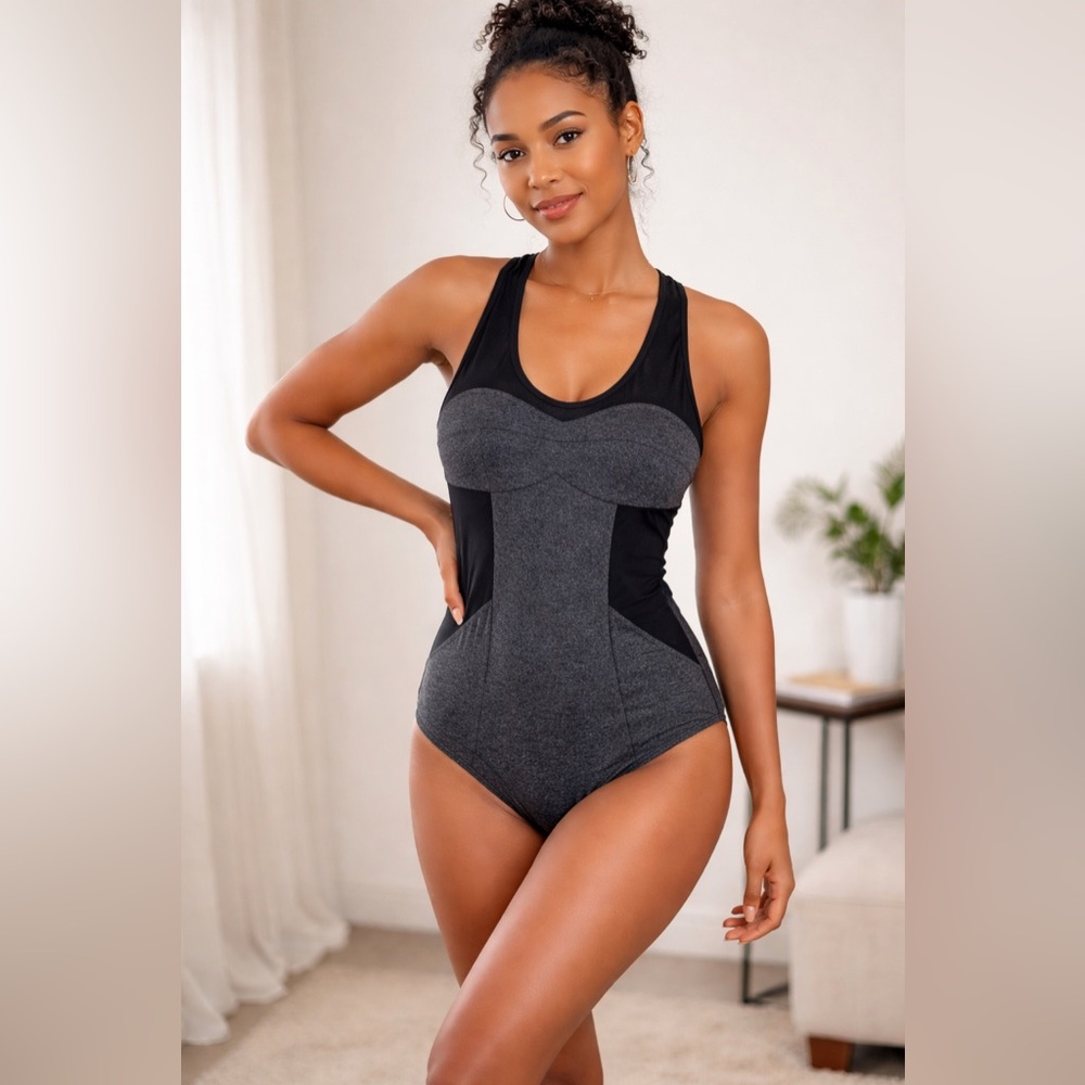 Asteria One Piece Swimsuit Small NWT Black Gray Colorblock Athletic Mesh